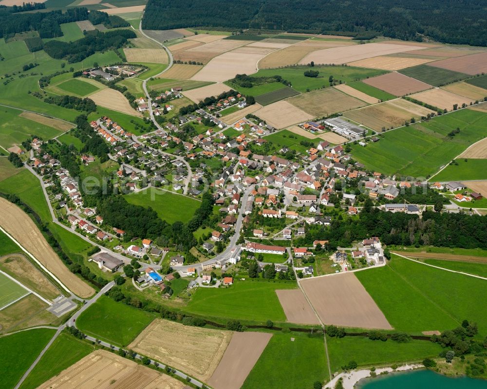 Ablach from the bird's eye view: Agricultural land and field boundaries surround the settlement area of the village in Ablach in the state Baden-Wuerttemberg, Germany