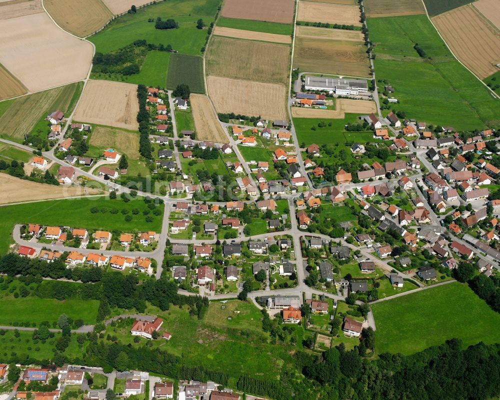 Aerial image Ablach - Agricultural land and field boundaries surround the settlement area of the village in Ablach in the state Baden-Wuerttemberg, Germany