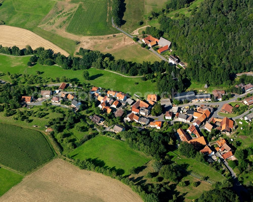 Affhöllerbach from the bird's eye view: Agricultural land and field boundaries surround the settlement area of the village in Affhöllerbach in the state Hesse, Germany