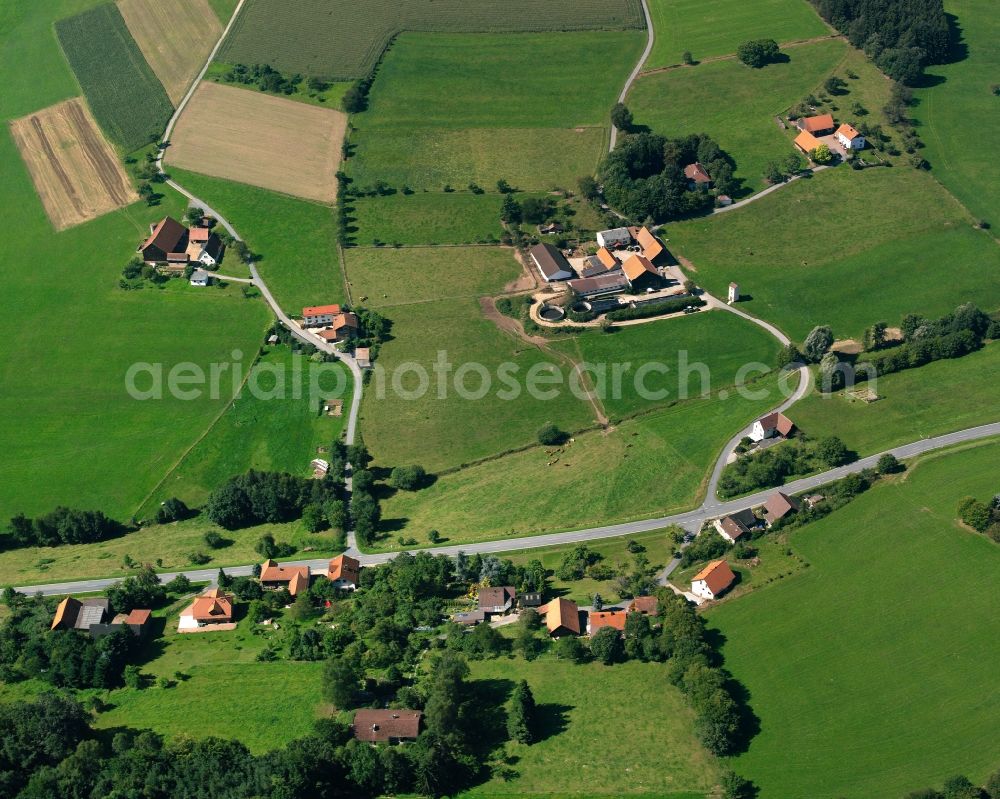 Airlenbach from the bird's eye view: Agricultural land and field boundaries surround the settlement area of the village in Airlenbach in the state Hesse, Germany