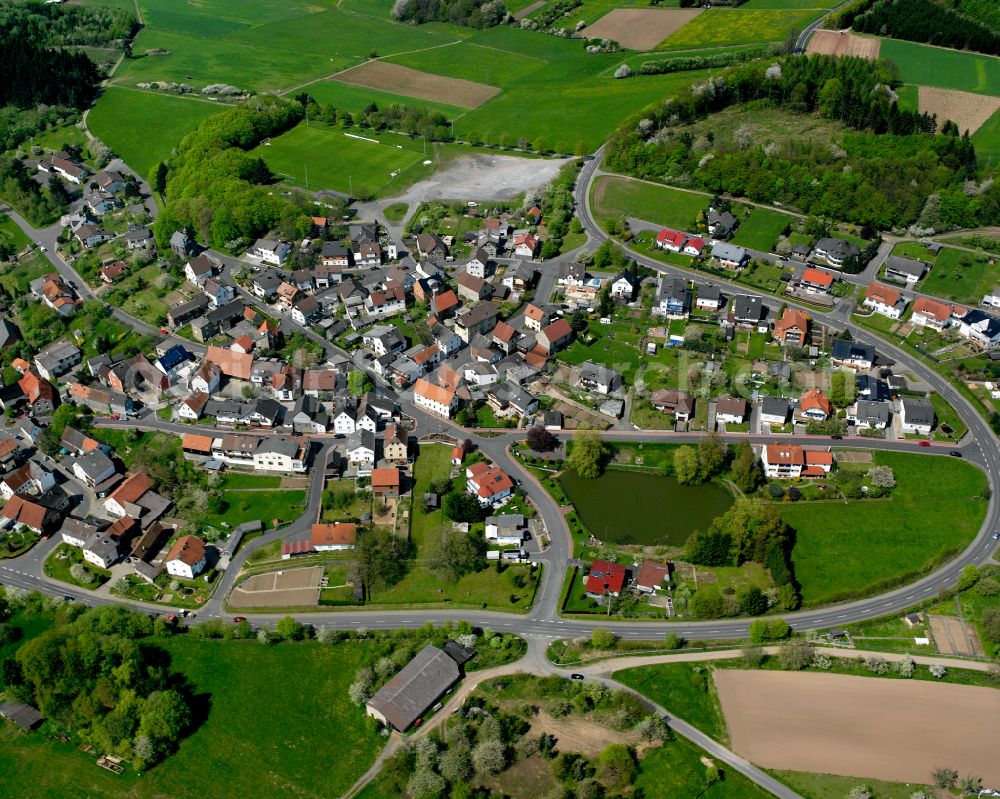 Allertshausen from the bird's eye view: Agricultural land and field boundaries surround the settlement area of the village in Allertshausen in the state Hesse, Germany