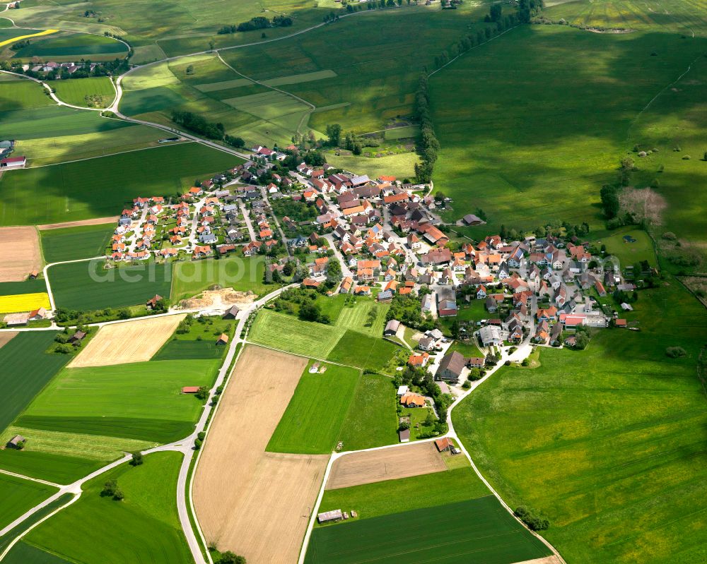 Aerial photograph Alleshausen - Agricultural land and field boundaries surround the settlement area of the village in Alleshausen in the state Baden-Wuerttemberg, Germany