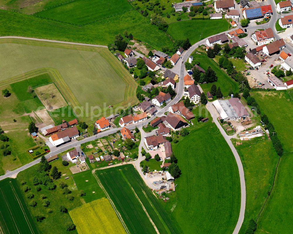 Aerial image Allmannsweiler - Agricultural land and field boundaries surround the settlement area of the village in Allmannsweiler in the state Baden-Wuerttemberg, Germany