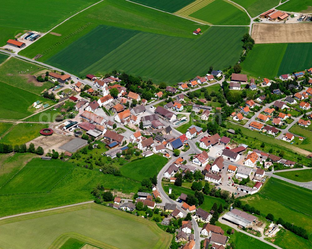 Aerial photograph Allmannsweiler - Agricultural land and field boundaries surround the settlement area of the village in Allmannsweiler in the state Baden-Wuerttemberg, Germany