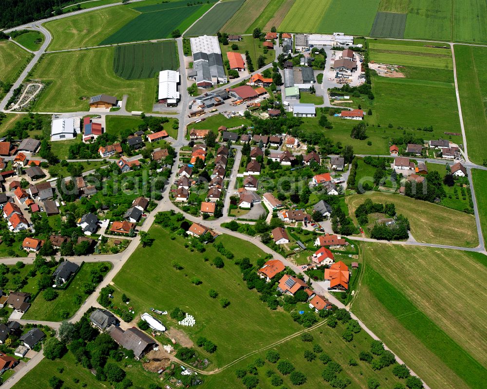 Altensteig from above - Agricultural land and field boundaries surround the settlement area of the village in Altensteig in the state Baden-Wuerttemberg, Germany