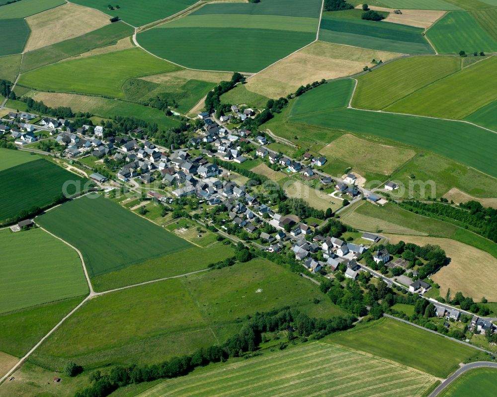 Alterkülz from above - Agricultural land and field boundaries surround the settlement area of the village in Alterkülz in the state Rhineland-Palatinate, Germany