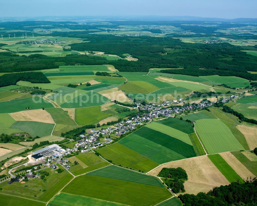 Alterkülz from the bird's eye view: Agricultural land and field boundaries surround the settlement area of the village in Alterkülz in the state Rhineland-Palatinate, Germany