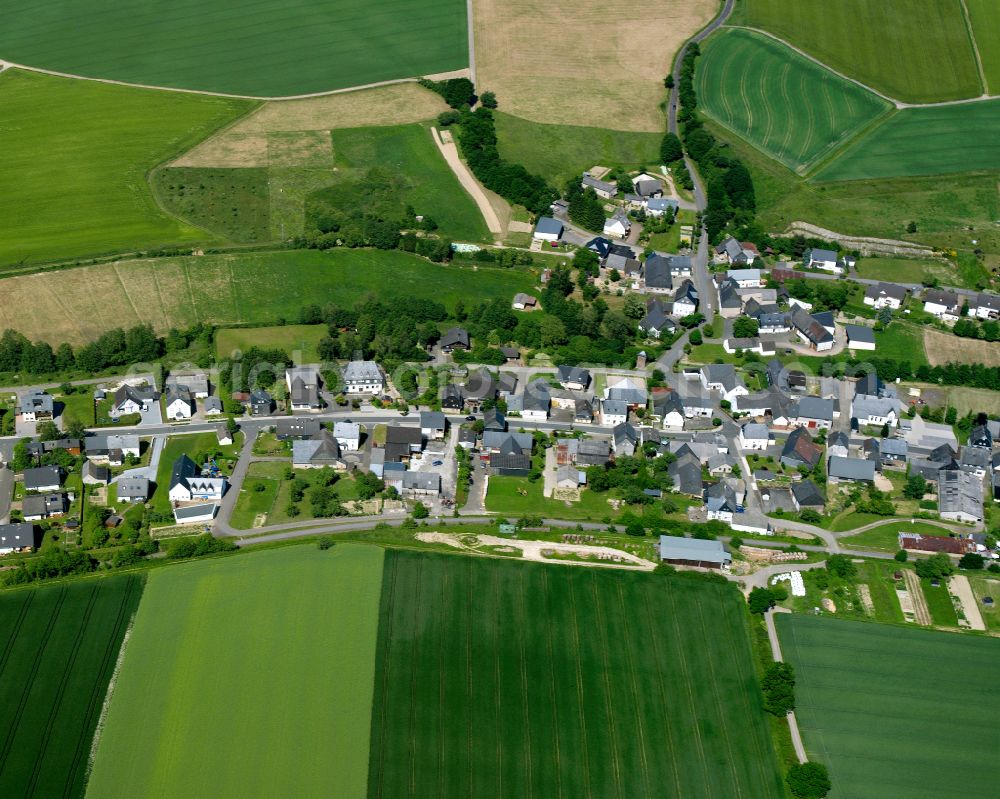 Alterkülz from above - Agricultural land and field boundaries surround the settlement area of the village in Alterkülz in the state Rhineland-Palatinate, Germany