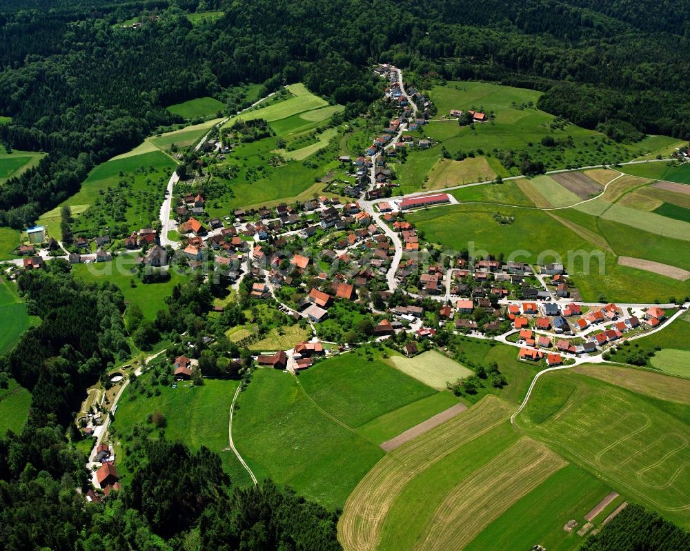 Aerial image Altersberg - Agricultural land and field boundaries surround the settlement area of the village in Altersberg in the state Baden-Wuerttemberg, Germany