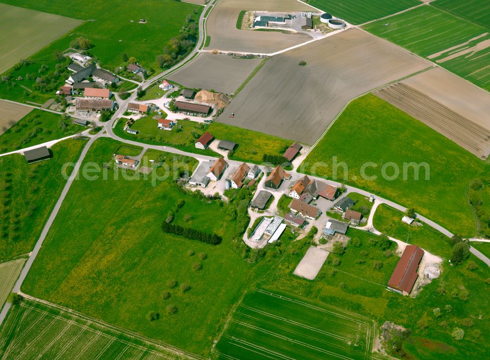 Altheim (Alb) from the bird's eye view: Agricultural land and field boundaries surround the settlement area of the village in Altheim (Alb) in the state Baden-Wuerttemberg, Germany