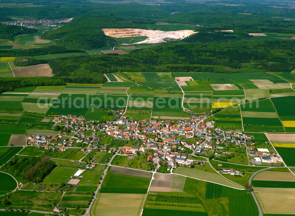 Altheim from the bird's eye view: Agricultural land and field boundaries surround the settlement area of the village in Altheim in the state Baden-Wuerttemberg, Germany