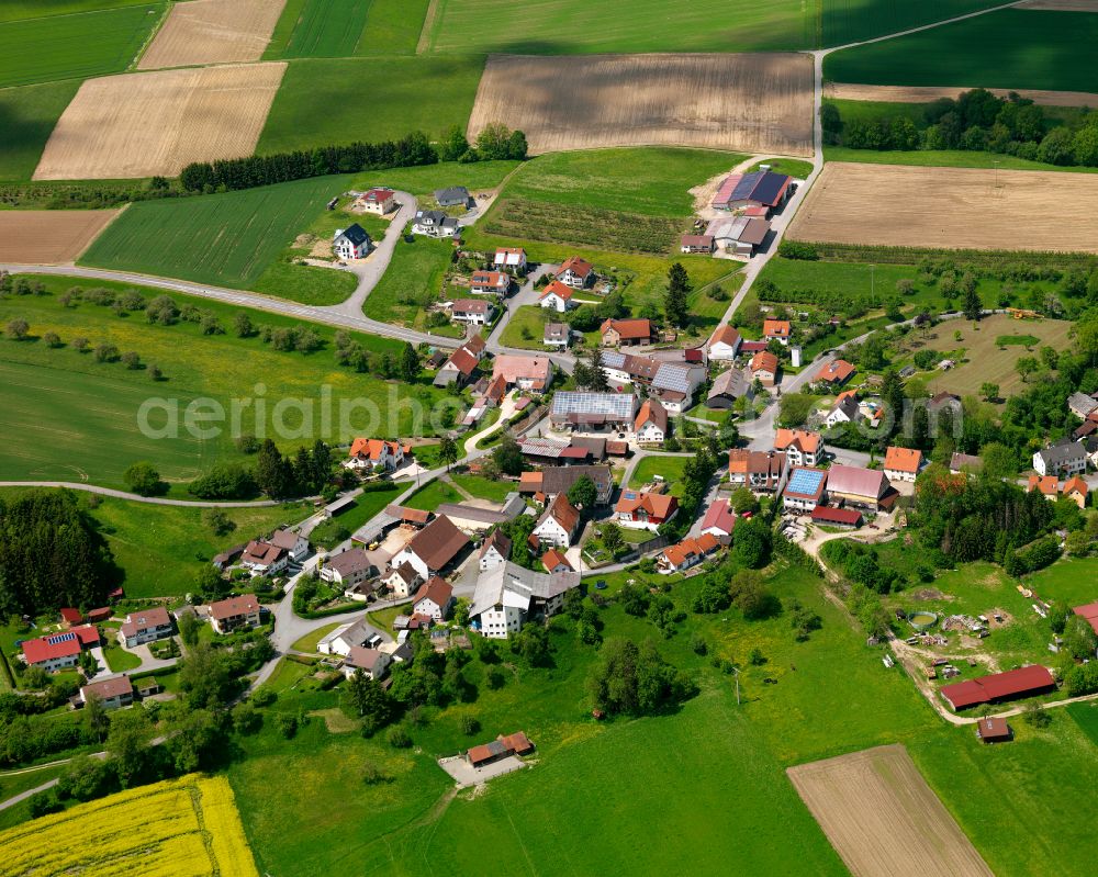 Altheim from above - Agricultural land and field boundaries surround the settlement area of the village in Altheim in the state Baden-Wuerttemberg, Germany