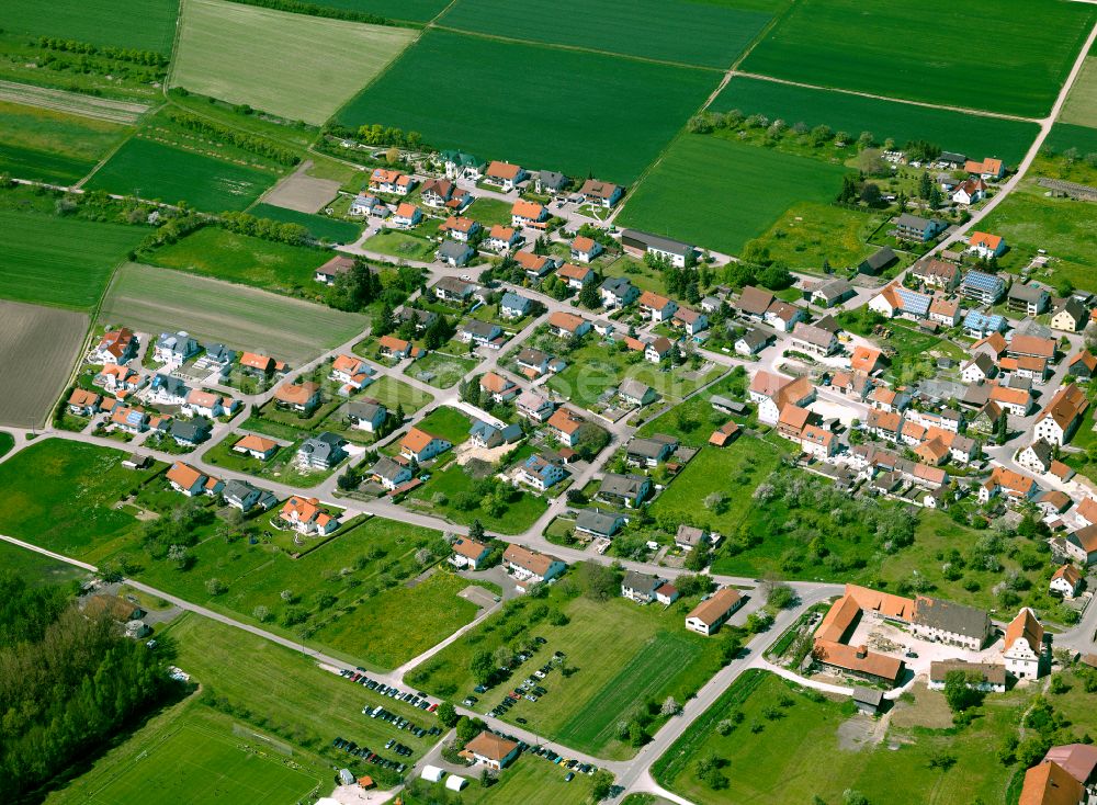 Altheim from above - Agricultural land and field boundaries surround the settlement area of the village in Altheim in the state Baden-Wuerttemberg, Germany