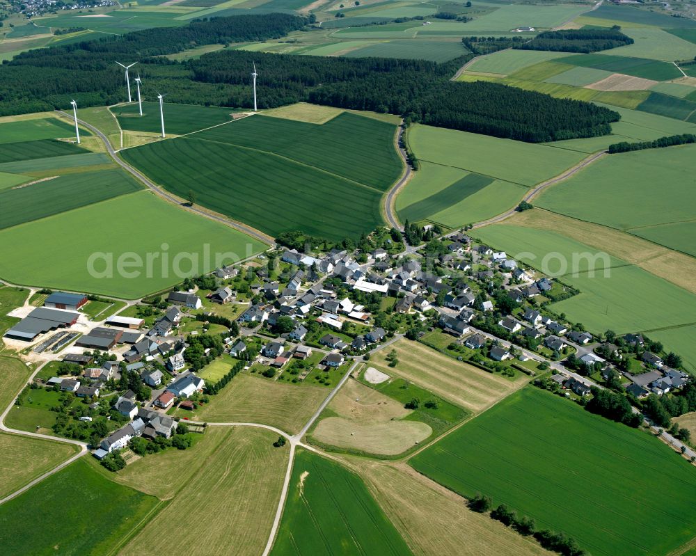 Altweidelbach from the bird's eye view: Agricultural land and field boundaries surround the settlement area of the village in Altweidelbach in the state Rhineland-Palatinate, Germany