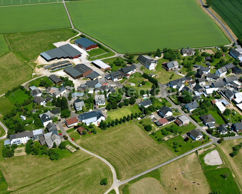 Altweidelbach from above - Agricultural land and field boundaries surround the settlement area of the village in Altweidelbach in the state Rhineland-Palatinate, Germany