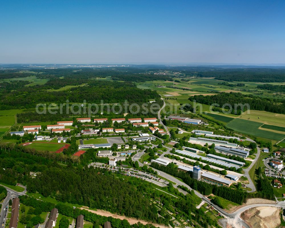 Alzenberg from above - Agricultural land and field boundaries surround the settlement area of the village in Alzenberg in the state Baden-Wuerttemberg, Germany