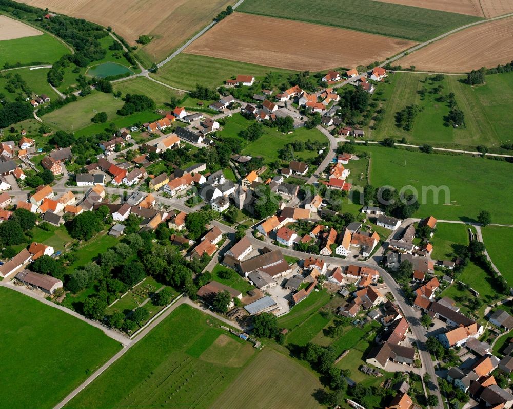 Aerial image Ammelbruch - Agricultural land and field boundaries surround the settlement area of the village in Ammelbruch in the state Bavaria, Germany