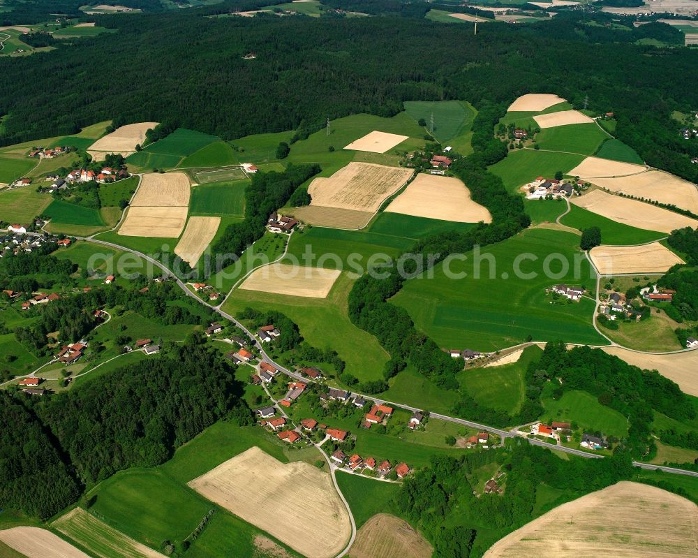 Antersdorf from the bird's eye view: Agricultural land and field boundaries surround the settlement area of the village in Antersdorf in the state Bavaria, Germany