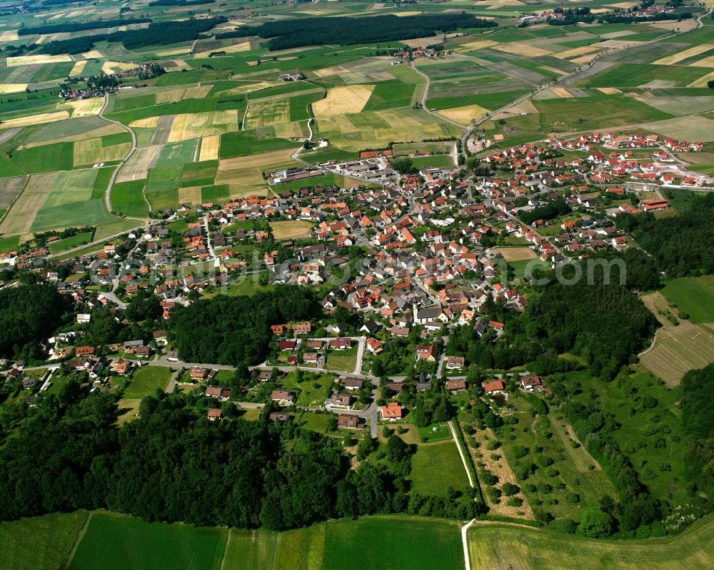 Aerial image Arberg - Agricultural land and field boundaries surround the settlement area of the village in Arberg in the state Bavaria, Germany