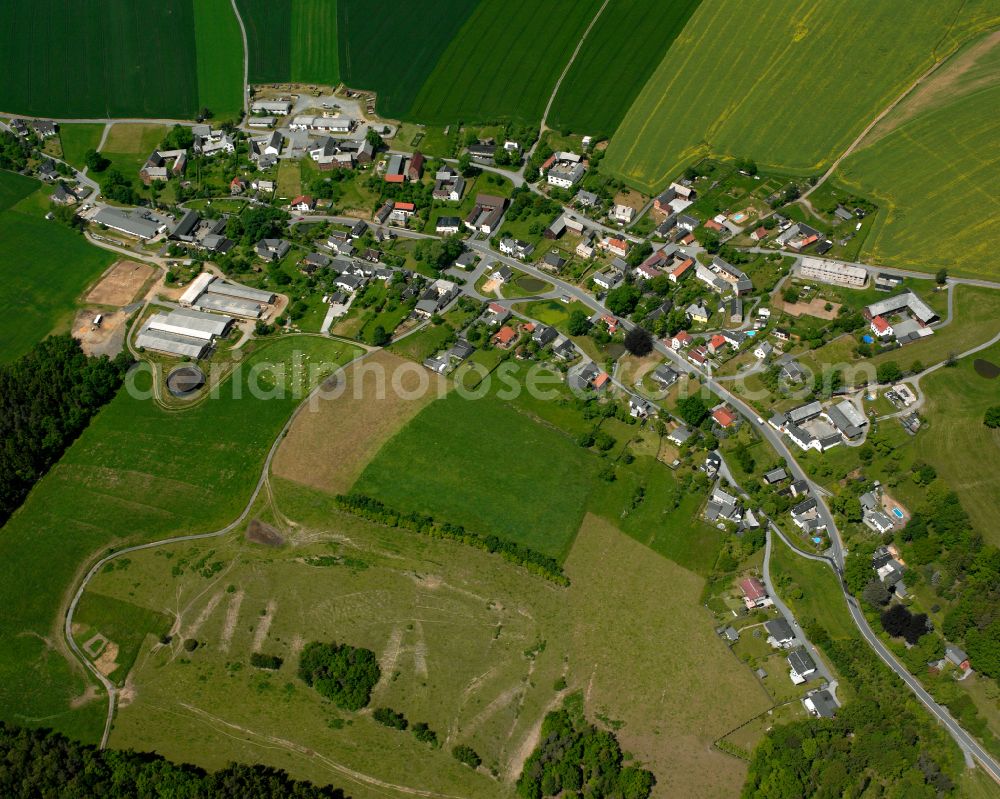 Arnsgrün from above - Agricultural land and field boundaries surround the settlement area of the village in Arnsgrün in the state Thuringia, Germany