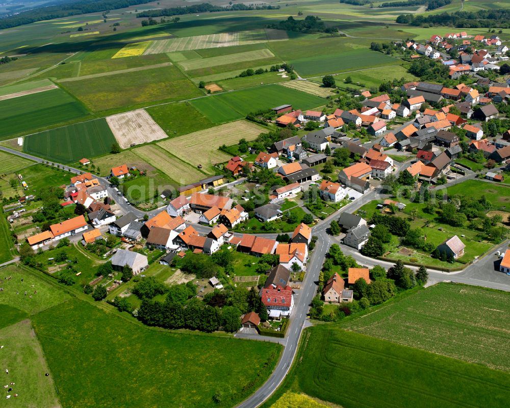 Arnshain from the bird's eye view: Agricultural land and field boundaries surround the settlement area of the village in Arnshain in the state Hesse, Germany