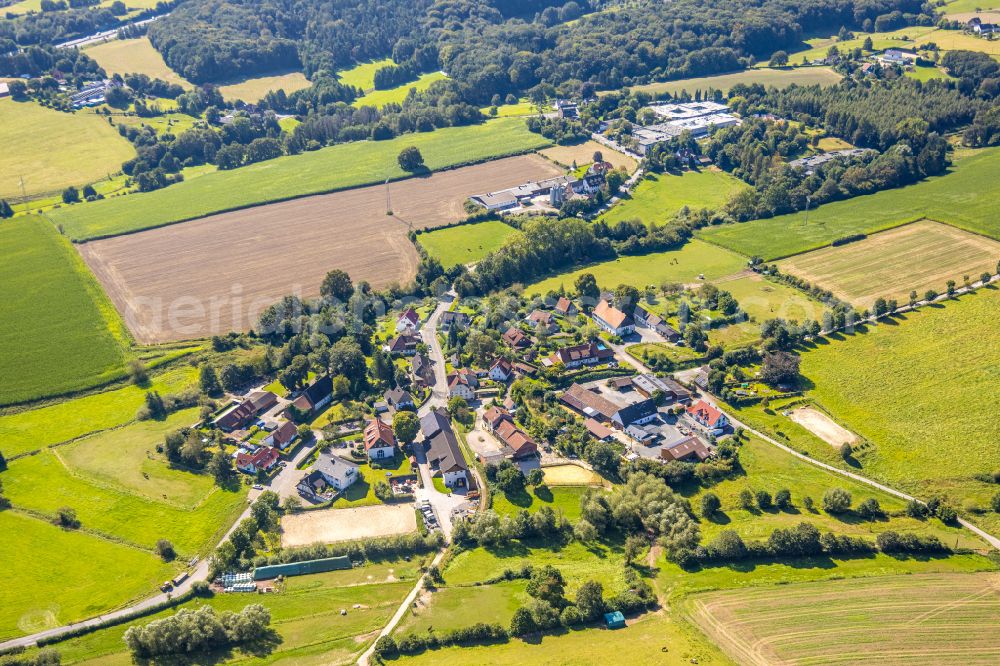 Asbeck from the bird's eye view: Agricultural land and field boundaries surround the settlement area of the village in Asbeck in the state North Rhine-Westphalia, Germany