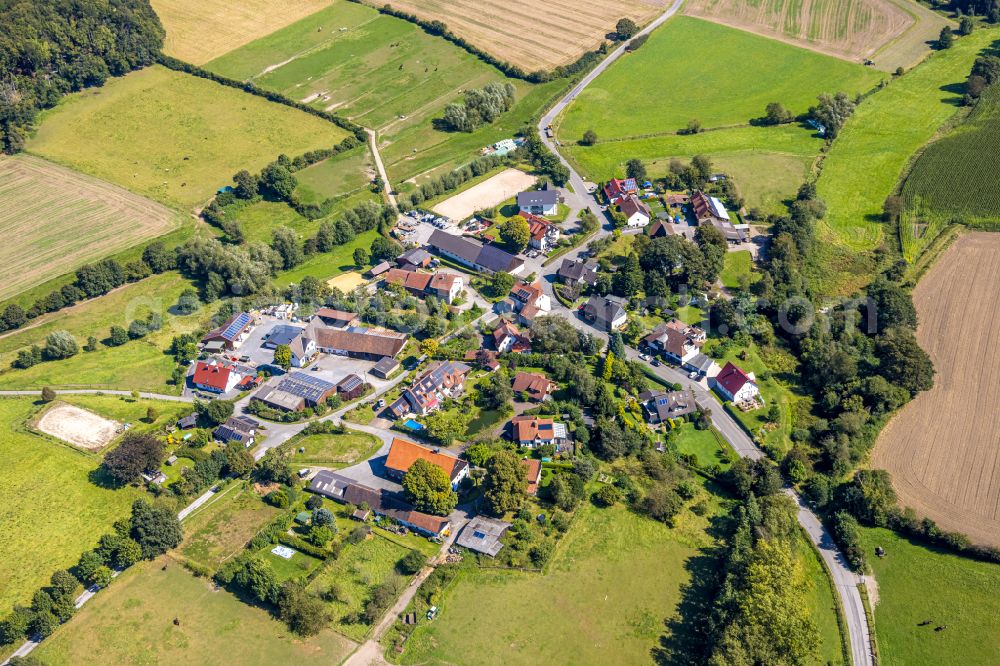 Asbeck from above - Agricultural land and field boundaries surround the settlement area of the village in Asbeck in the state North Rhine-Westphalia, Germany