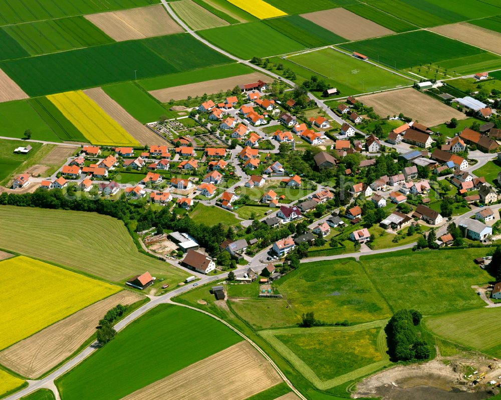 Attenweiler from the bird's eye view: Agricultural land and field boundaries surround the settlement area of the village in Attenweiler in the state Baden-Wuerttemberg, Germany