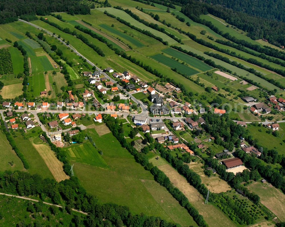 Aerial image Bad Liebenzell - Agricultural land and field boundaries surround the settlement area of the village in Bad Liebenzell in the state Baden-Wuerttemberg, Germany