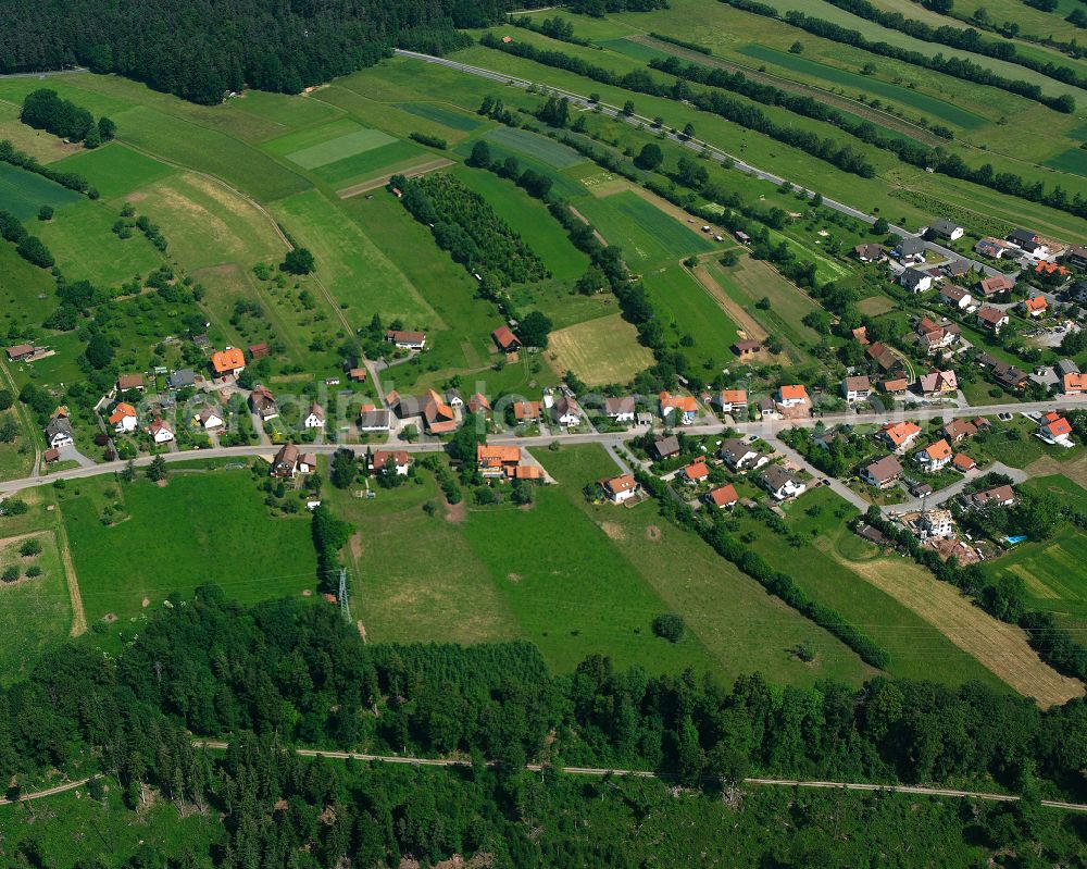 Aerial photograph Bad Liebenzell - Agricultural land and field boundaries surround the settlement area of the village in Bad Liebenzell in the state Baden-Wuerttemberg, Germany