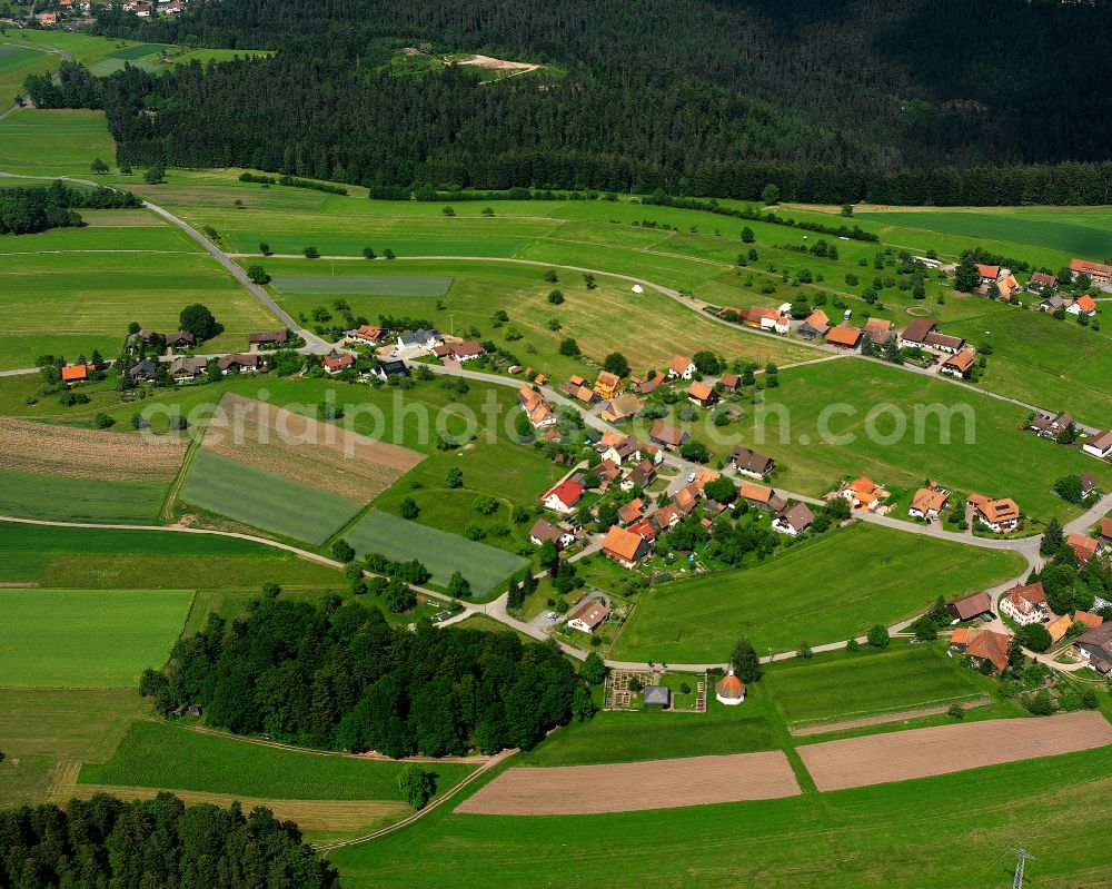 Bad Teinach-Zavelstein from above - Agricultural land and field boundaries surround the settlement area of the village in Bad Teinach-Zavelstein in the state Baden-Wuerttemberg, Germany