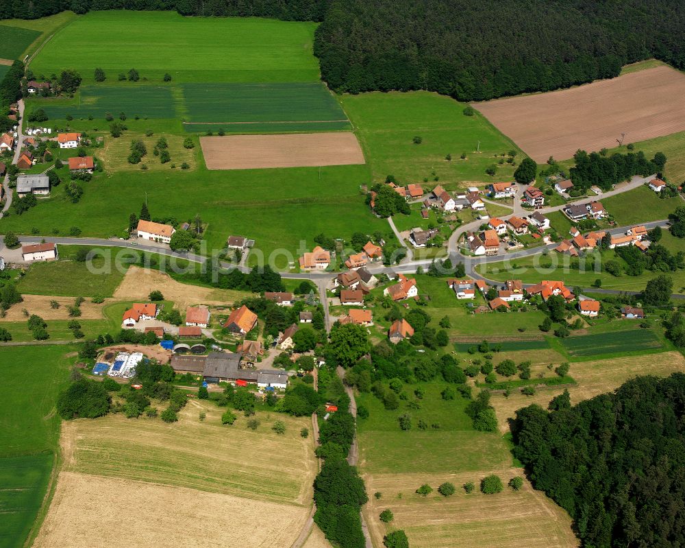 Aerial image Bad Teinach-Zavelstein - Agricultural land and field boundaries surround the settlement area of the village in Bad Teinach-Zavelstein in the state Baden-Wuerttemberg, Germany