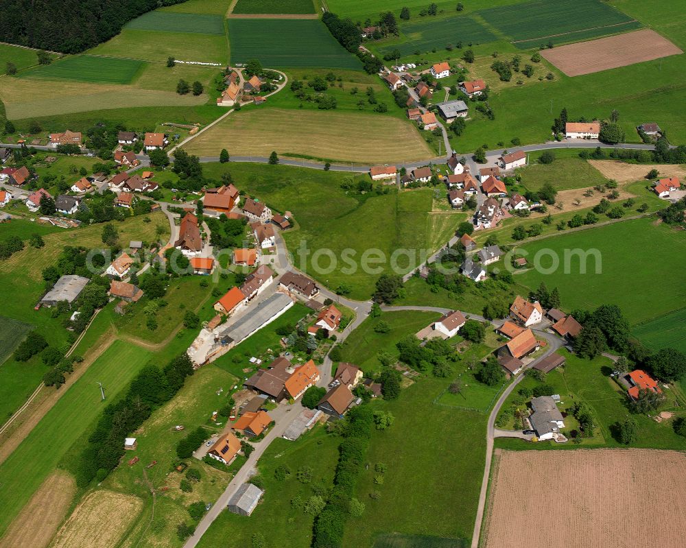 Aerial photograph Bad Teinach-Zavelstein - Agricultural land and field boundaries surround the settlement area of the village in Bad Teinach-Zavelstein in the state Baden-Wuerttemberg, Germany