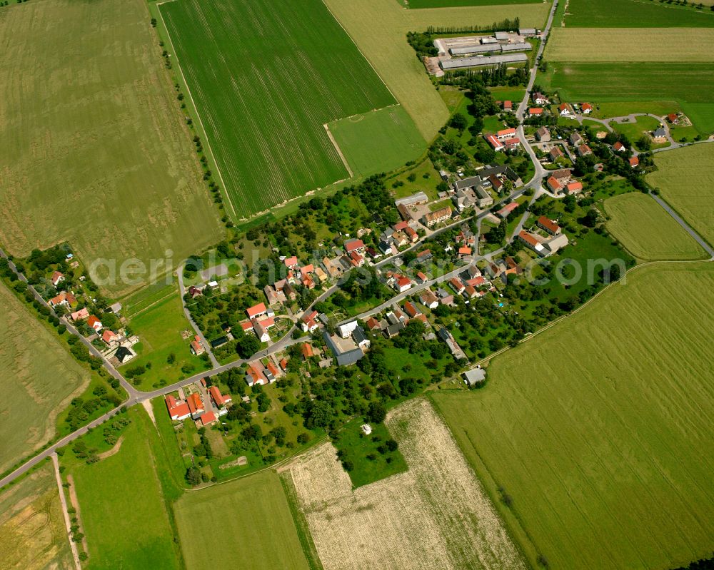 Bahra from the bird's eye view: Agricultural land and field boundaries surround the settlement area of the village in Bahra in the state Saxony, Germany