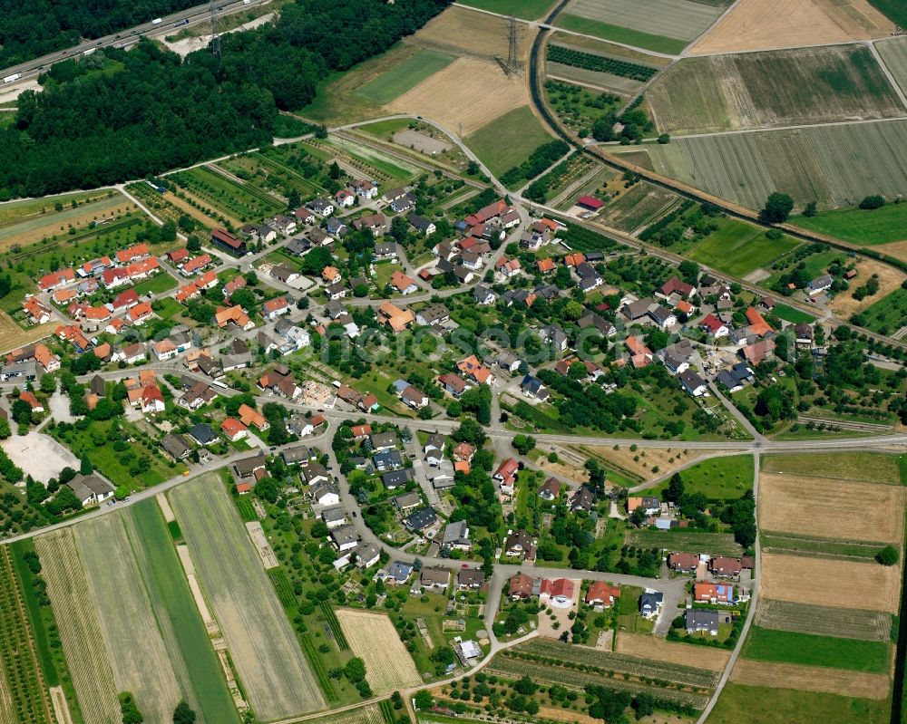 Aerial photograph Balzhofen - Agricultural land and field boundaries surround the settlement area of the village in Balzhofen in the state Baden-Wuerttemberg, Germany