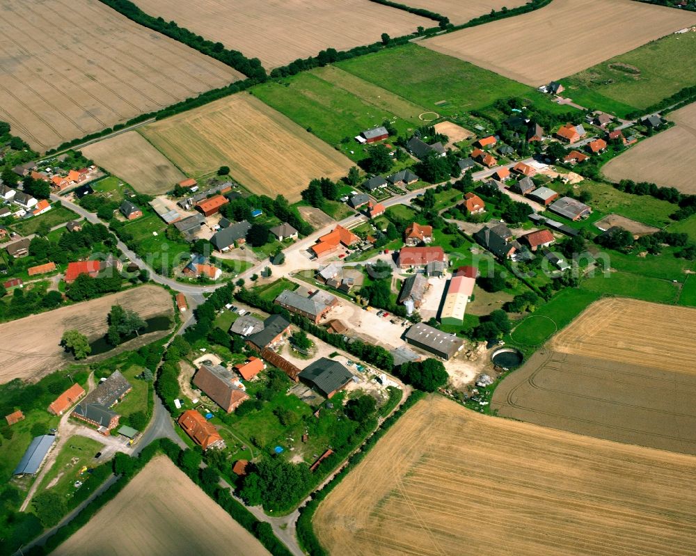 Basedow from above - Agricultural land and field boundaries surround the settlement area of the village in Basedow in the state Schleswig-Holstein, Germany