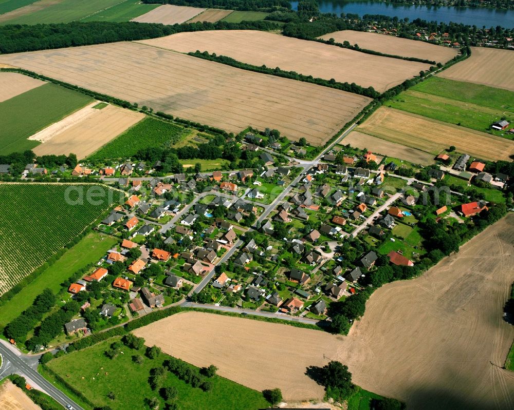 Basedow from the bird's eye view: Agricultural land and field boundaries surround the settlement area of the village in Basedow in the state Schleswig-Holstein, Germany