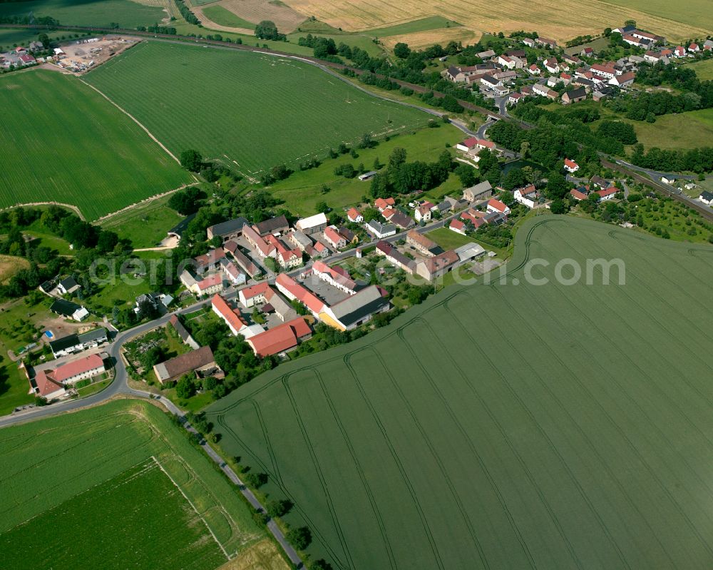 Aerial photograph Baßlitz - Agricultural land and field boundaries surround the settlement area of the village in Baßlitz in the state Saxony, Germany