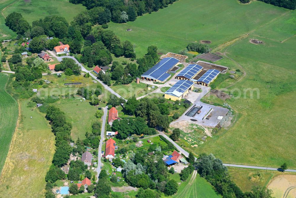 Baumgarten from above - Agricultural land and field boundaries surround the settlement area of the village in Baumgarten in the state Mecklenburg - Western Pomerania, Germany