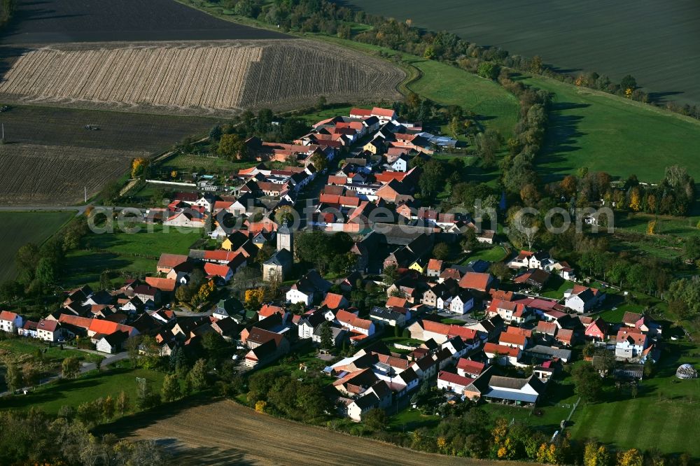 Aerial photograph Büchel - Agricultural land and field boundaries surround the settlement area of the village in Buechel in the state Thuringia, Germany