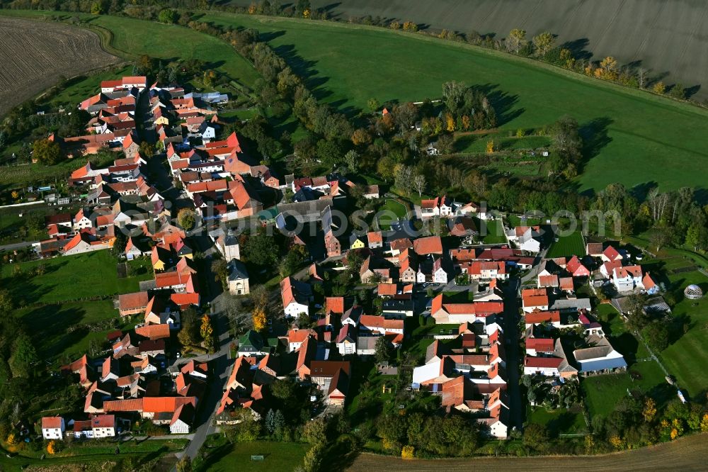 Büchel from the bird's eye view: Agricultural land and field boundaries surround the settlement area of the village in Buechel in the state Thuringia, Germany