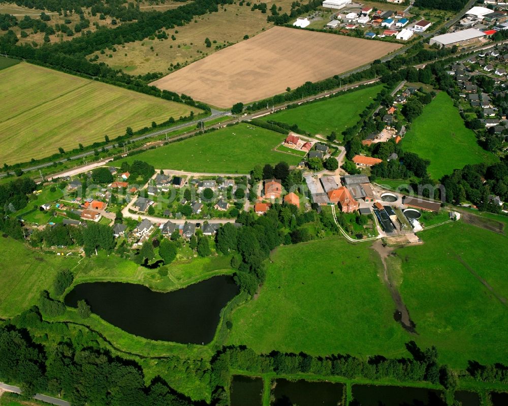 Büchen from the bird's eye view: Agricultural land and field boundaries surround the settlement area of the village in Büchen in the state Schleswig-Holstein, Germany