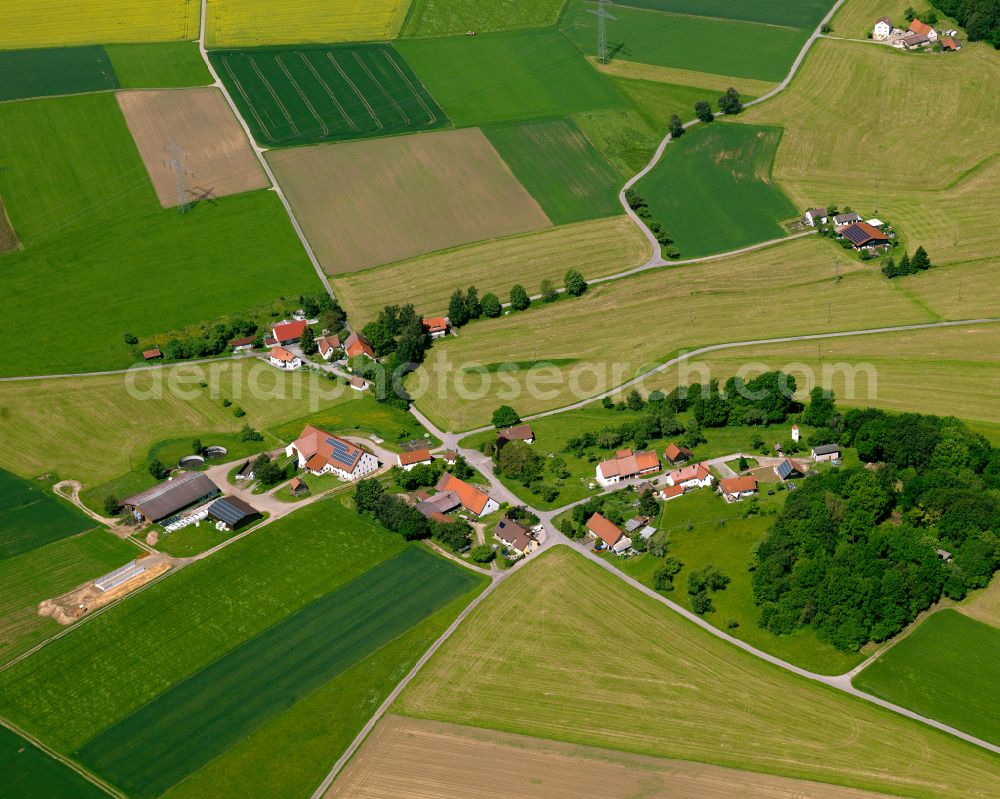 Aerial image Bebenhaus - Agricultural land and field boundaries surround the settlement area of the village in Bebenhaus in the state Baden-Wuerttemberg, Germany