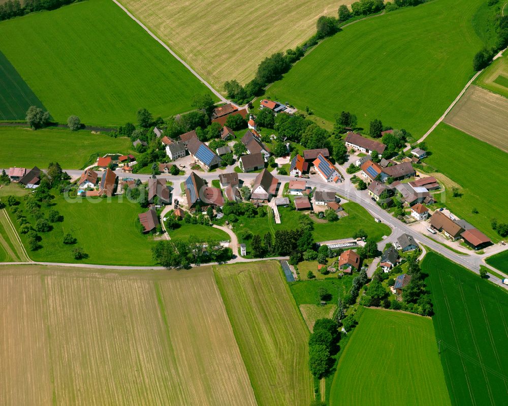 Bechtenrot from the bird's eye view: Agricultural land and field boundaries surround the settlement area of the village in Bechtenrot in the state Baden-Wuerttemberg, Germany