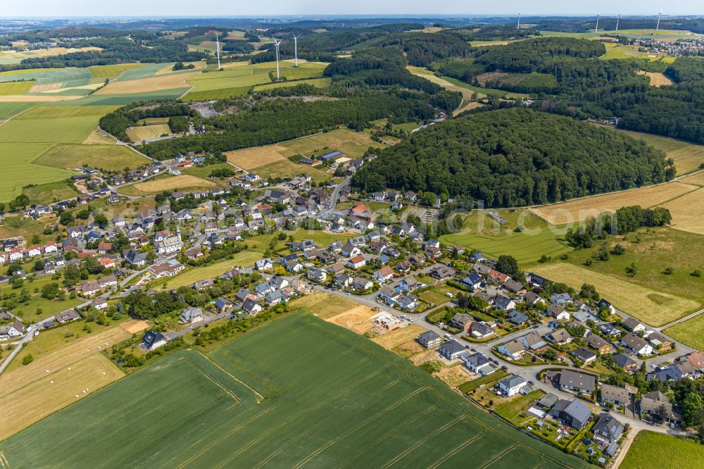 Beckum from the bird's eye view: Agricultural land and field boundaries surround the settlement area of the village in Beckum in the state North Rhine-Westphalia, Germany