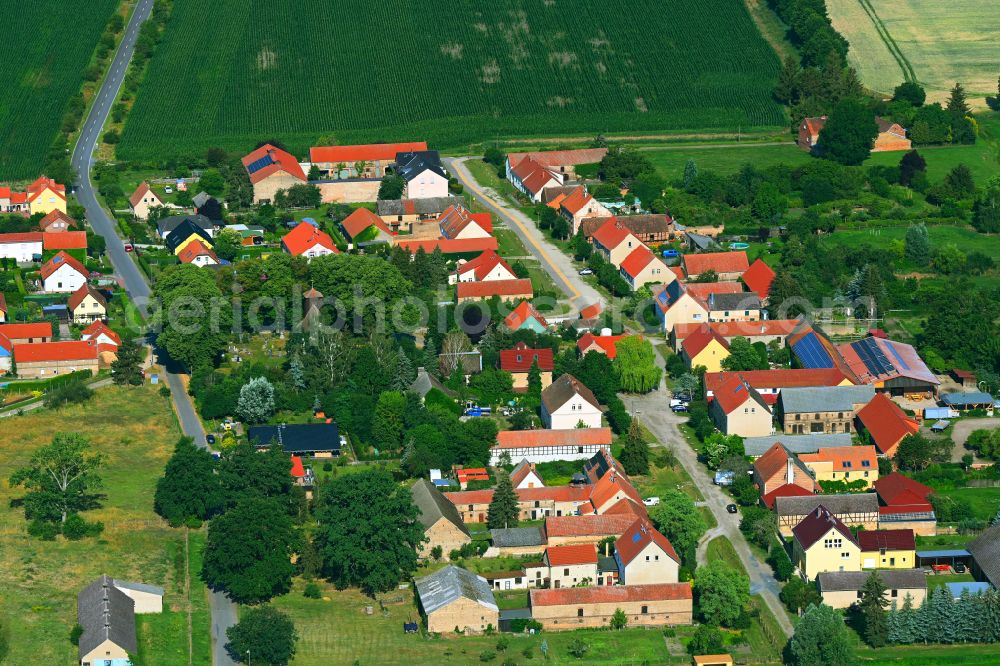 Beelitz from the bird's eye view: Agricultural land and field boundaries surround the settlement area of the village in Beelitz in the state Brandenburg, Germany