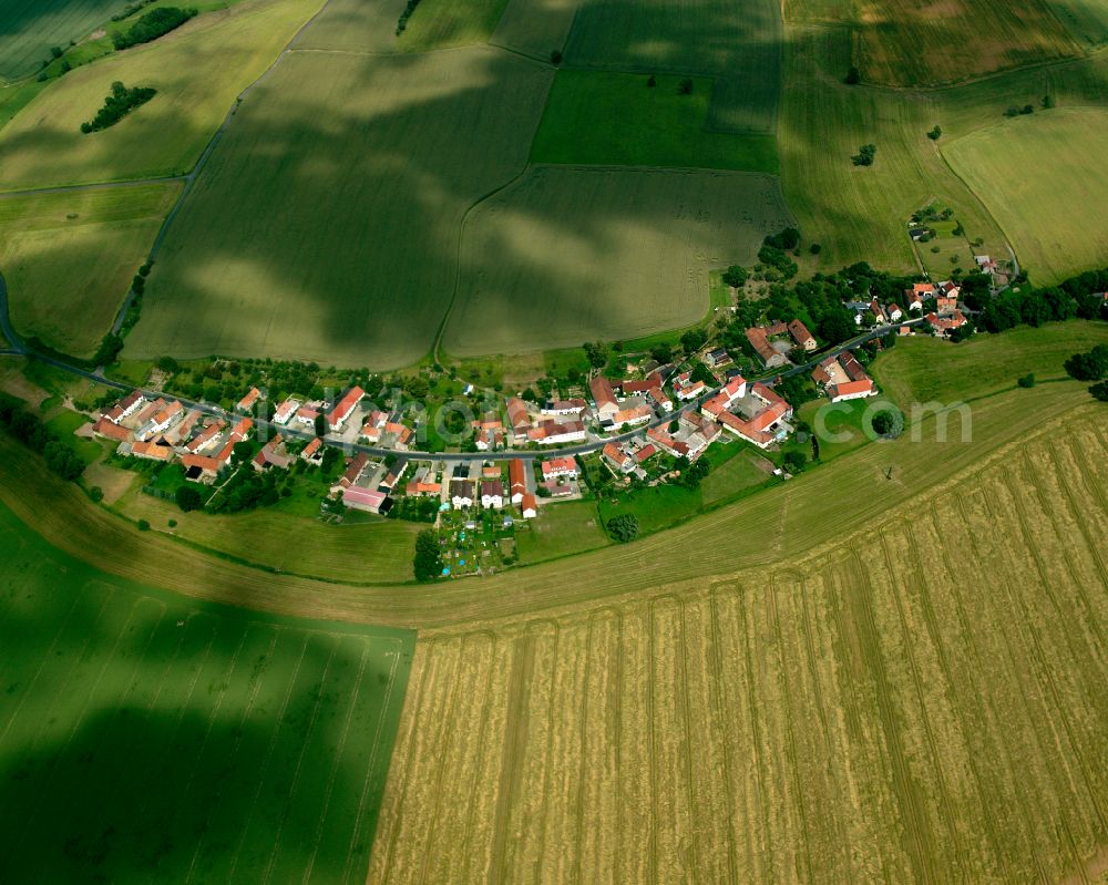 Beiersdorf from the bird's eye view: Agricultural land and field boundaries surround the settlement area of the village in Beiersdorf in the state Saxony, Germany