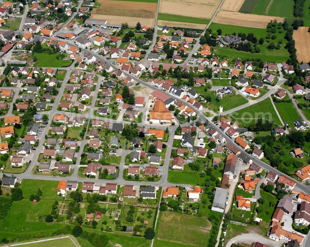 Beizkofen from the bird's eye view: Agricultural land and field boundaries surround the settlement area of the village in Beizkofen in the state Baden-Wuerttemberg, Germany