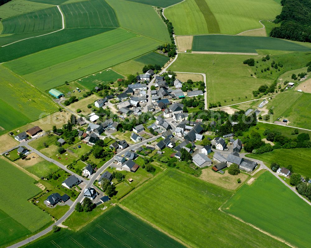 Belg from above - Agricultural land and field boundaries surround the settlement area of the village in Belg in the state Rhineland-Palatinate, Germany