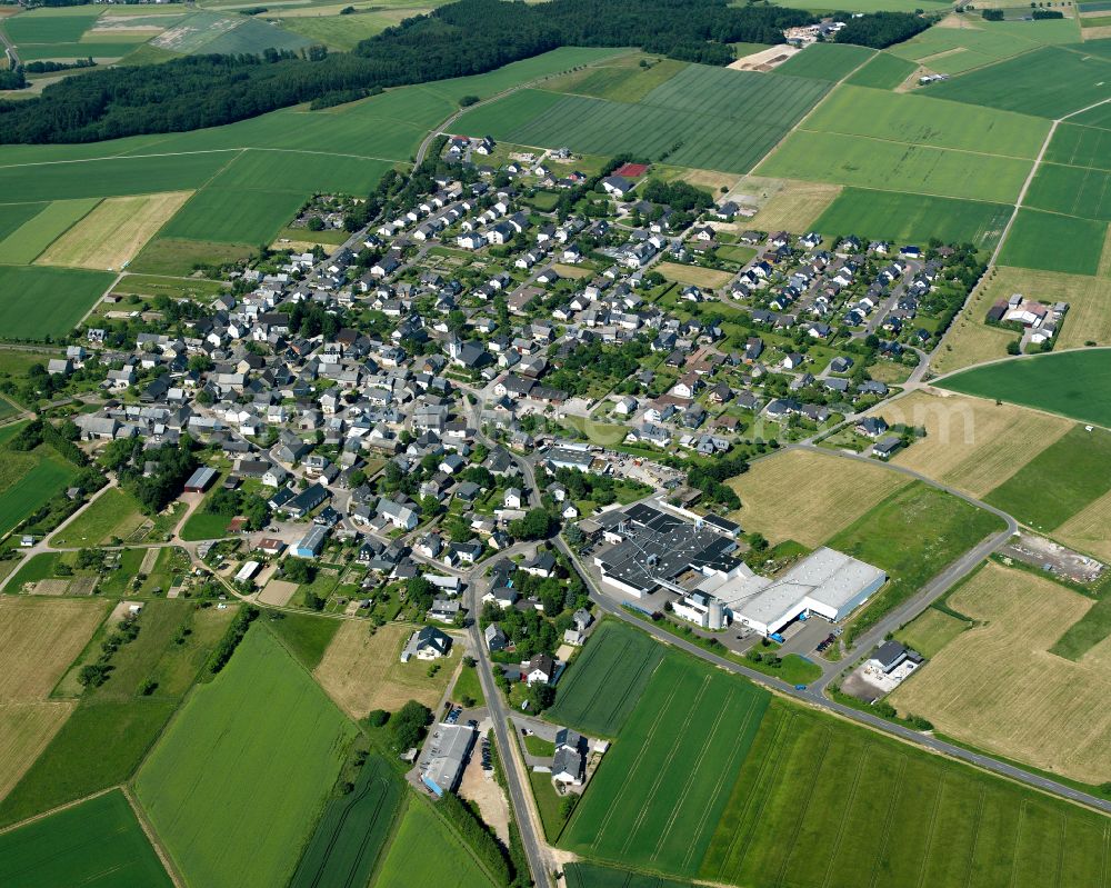 Beltheim from the bird's eye view: Agricultural land and field boundaries surround the settlement area of the village in Beltheim in the state Rhineland-Palatinate, Germany